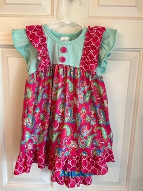 Girls' Pink Paisley Ruffle Dress with Aqua Bodice - Cute Casual Set